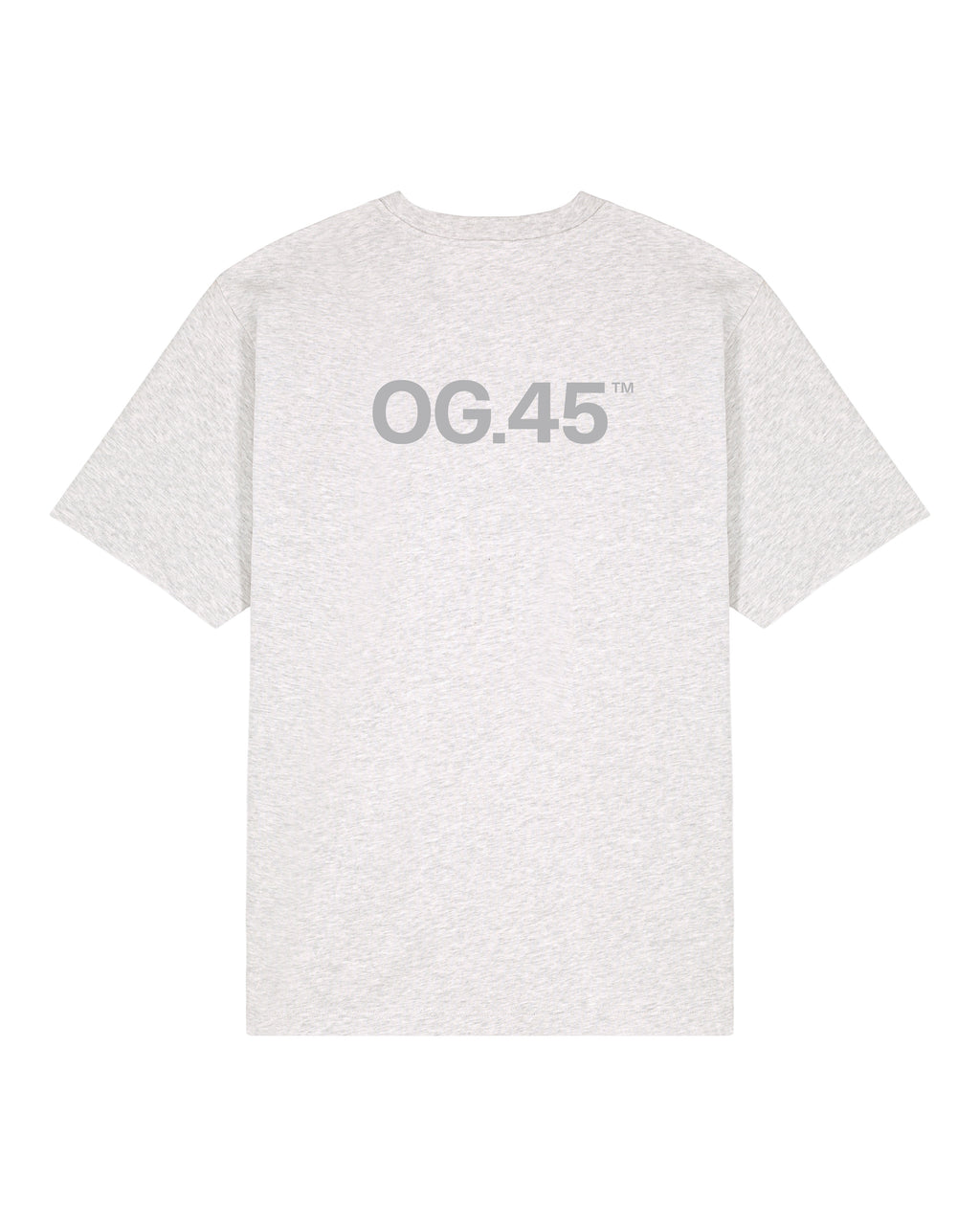 Bagside af grå O.G Studio™ T-shirt med stort, gråt rygprint af “OG.45”. Tydelig visuel kontrast og karakteristisk branding.