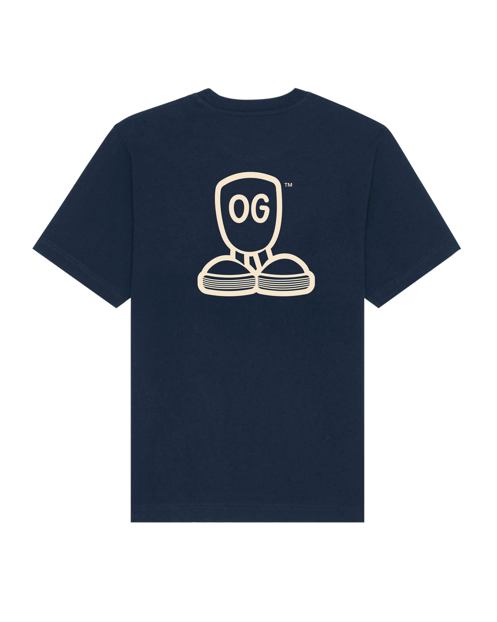 Bagside af navyblå O.G Studio™ T-shirt med stort, cremehvidt rygprint af OG-figur og teksten “OG”. Tydelig visuel kontrast og karakteristisk branding.