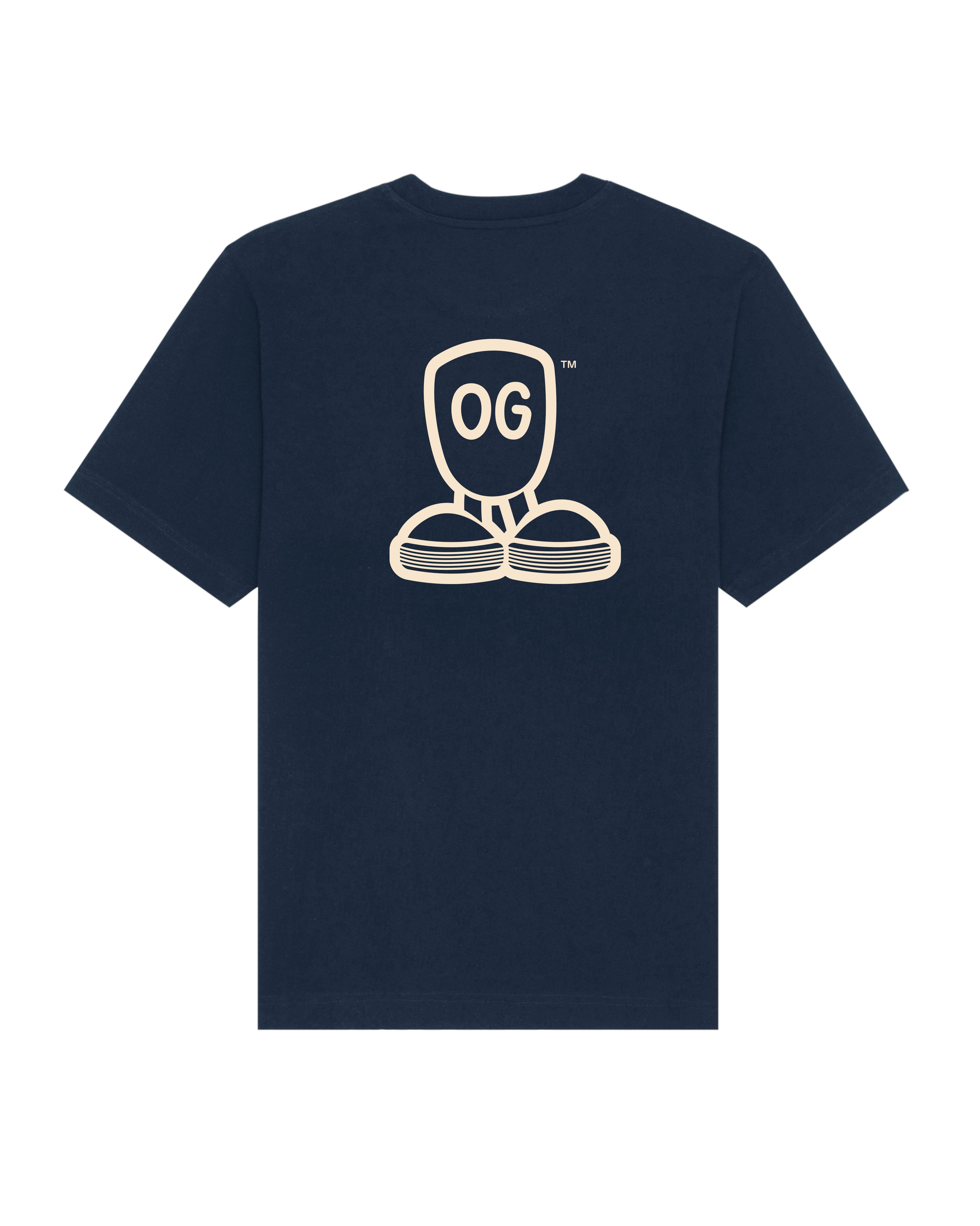 Bagside af navyblå O.G Studio™ T-shirt med stort, cremehvidt rygprint af OG-figur og teksten “OG”. Tydelig visuel kontrast og karakteristisk branding.