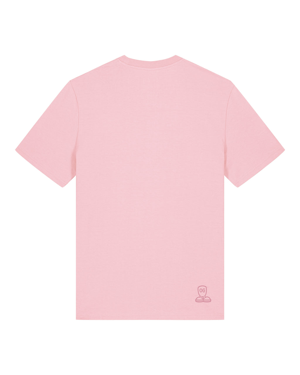 Bagside af lyserød O.G Studio™ T-shirt med et lille logo trykt nederst. Minimalistisk design uden ekstra print, vist fladt mod neutral baggrund.