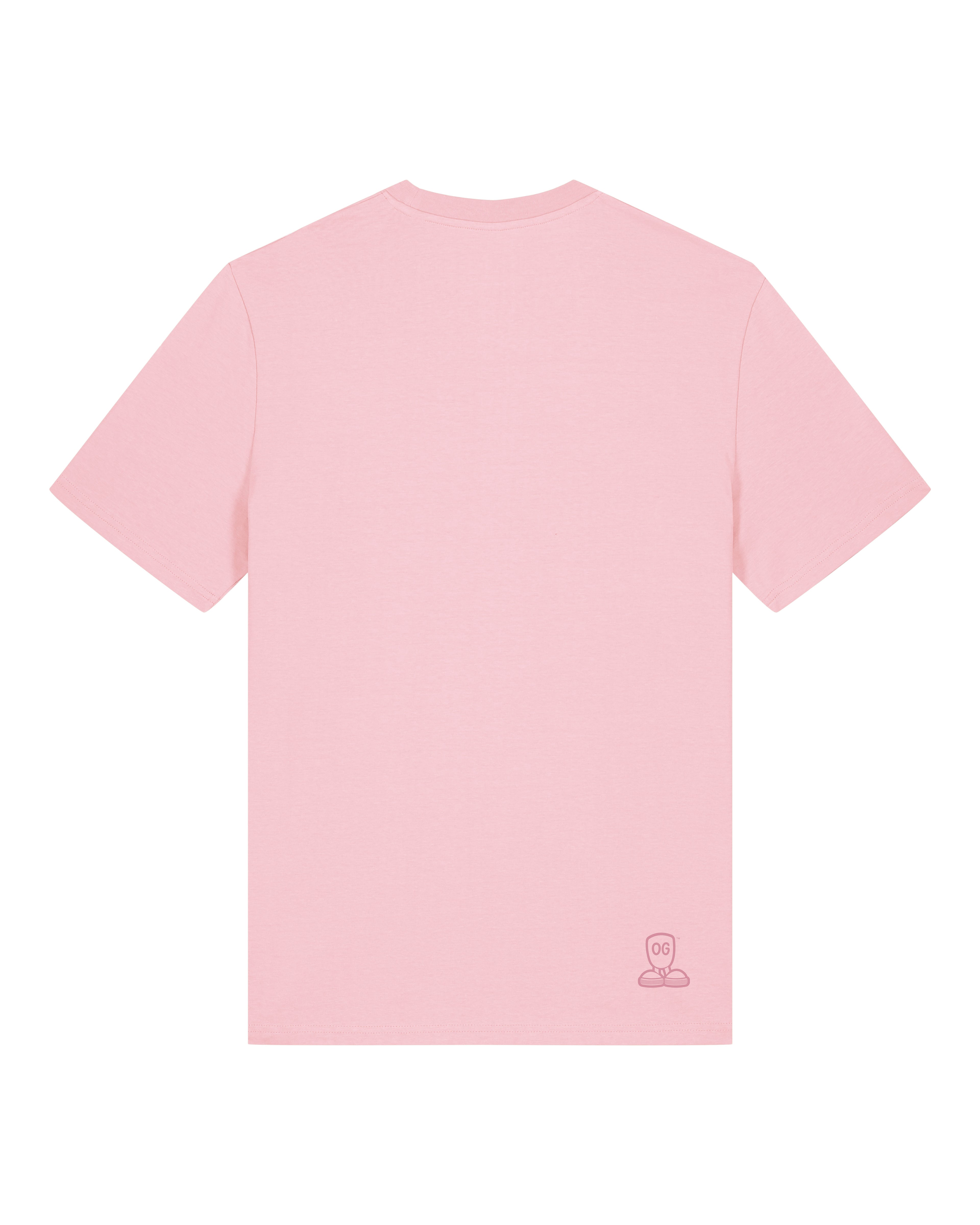 Bagside af lyserød O.G Studio™ T-shirt med et lille logo trykt nederst. Minimalistisk design uden ekstra print, vist fladt mod neutral baggrund.