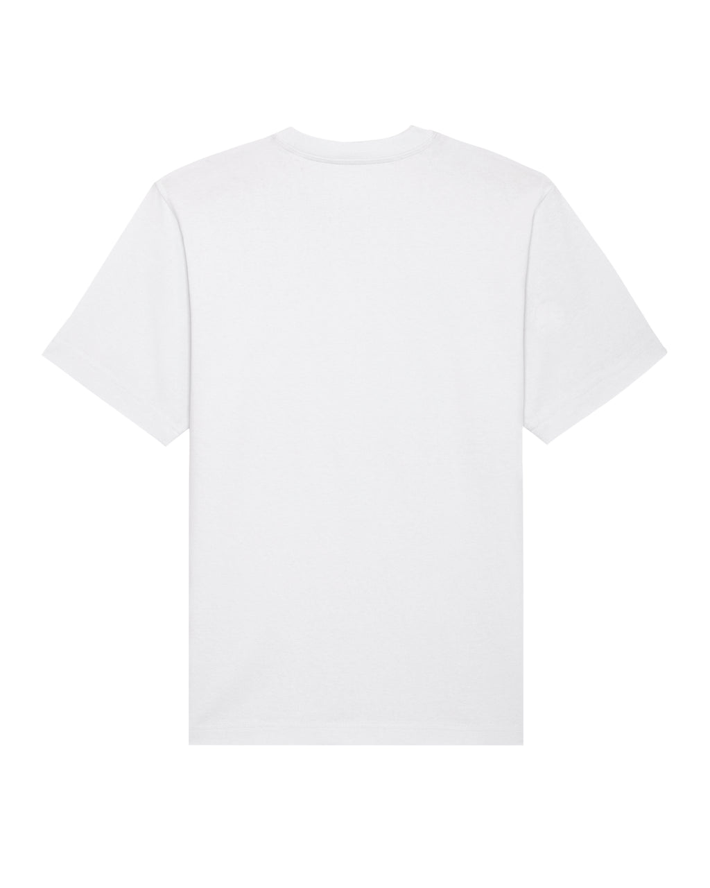 Bagsiden af T-shirten er helt hvid og uden tryk, hvilket giver et rent og minimalistisk udtryk, som balancerer det markante frontdesign.