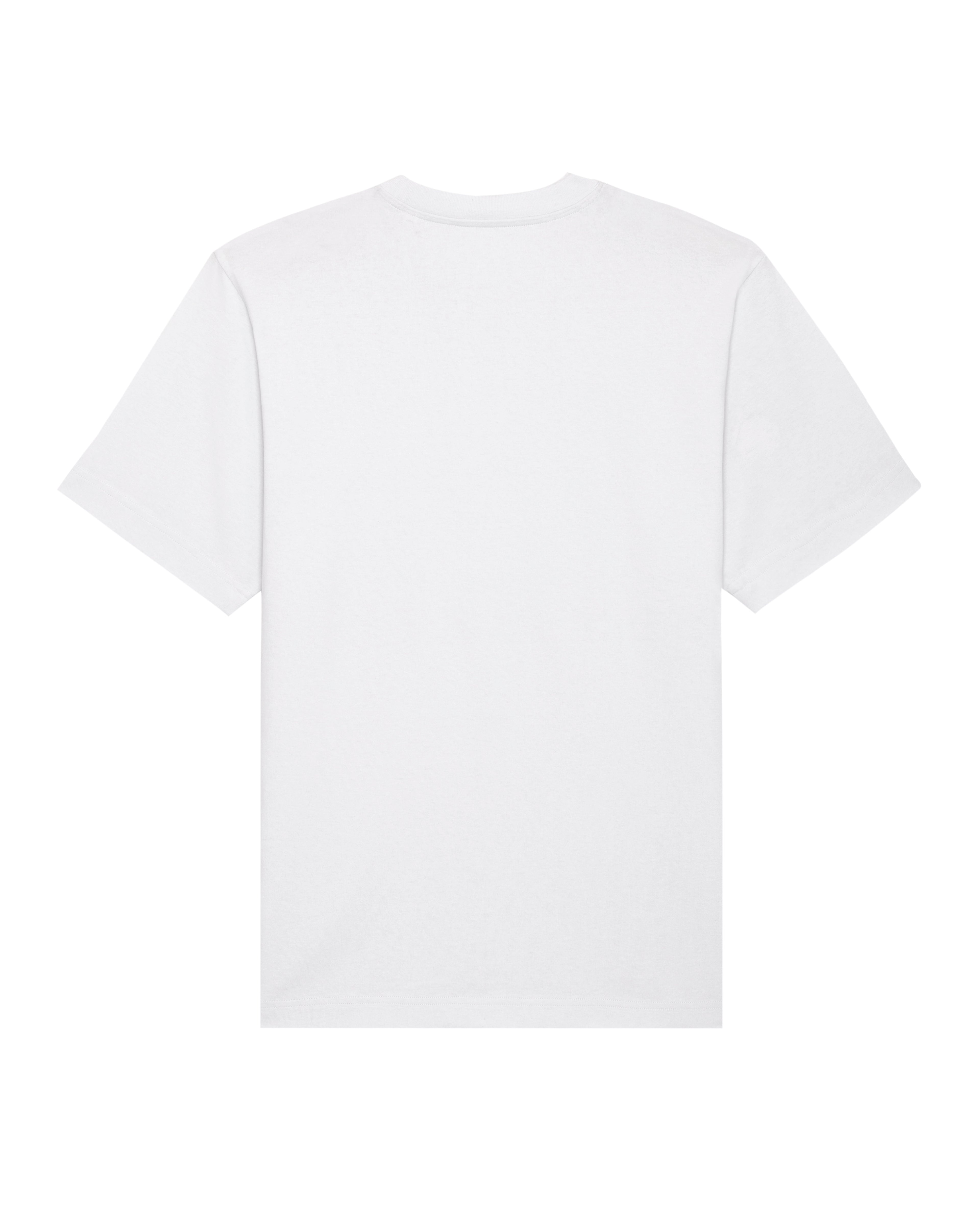 Bagsiden af T-shirten er helt hvid og uden tryk, hvilket giver et rent og minimalistisk udtryk, som balancerer det markante frontdesign.